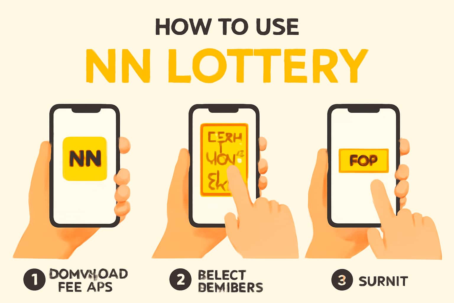 An informational graphic illustrating the NN Lottery app interface.
